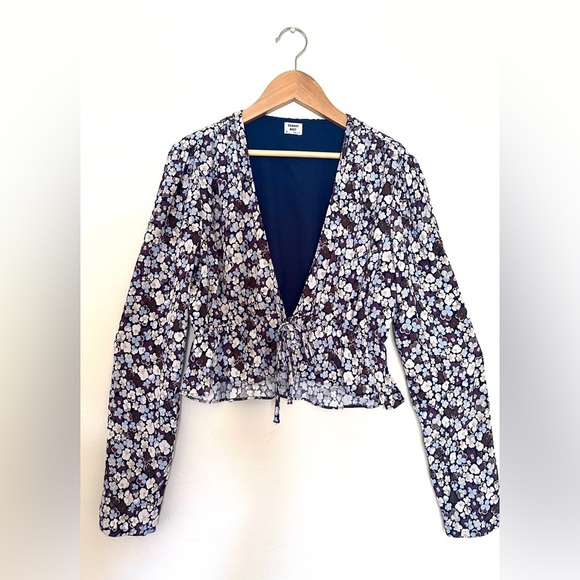 Sunday best Print Floral Women Cropped Tie Front Blue & White XS Long Sleeve - Picture 1 of 8